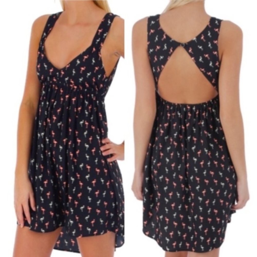 Roxy Flamingo Open Back Black and Pink Cocktail Dress